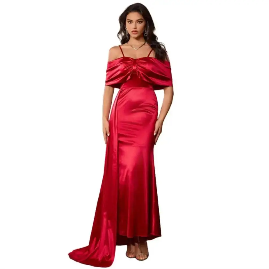 

Red Prom Dresses Women Spaghetti Straps Night Dress Customized Satin Pageant vestido fiesta mujer