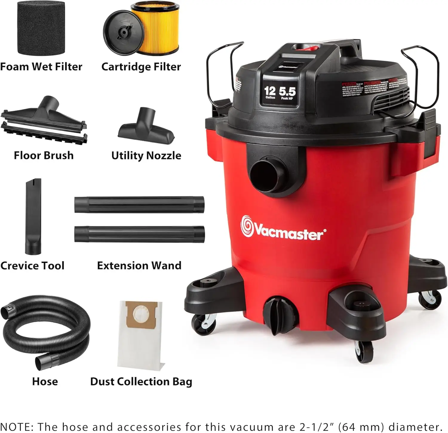 مكنسة كهربائية رطبة/جافة شديدة التحمل سعة 12 جالون مع محرك 5.5 حصان، و9 ملحقات تصل إلى 27 قدمًا للتنظيف الفعال