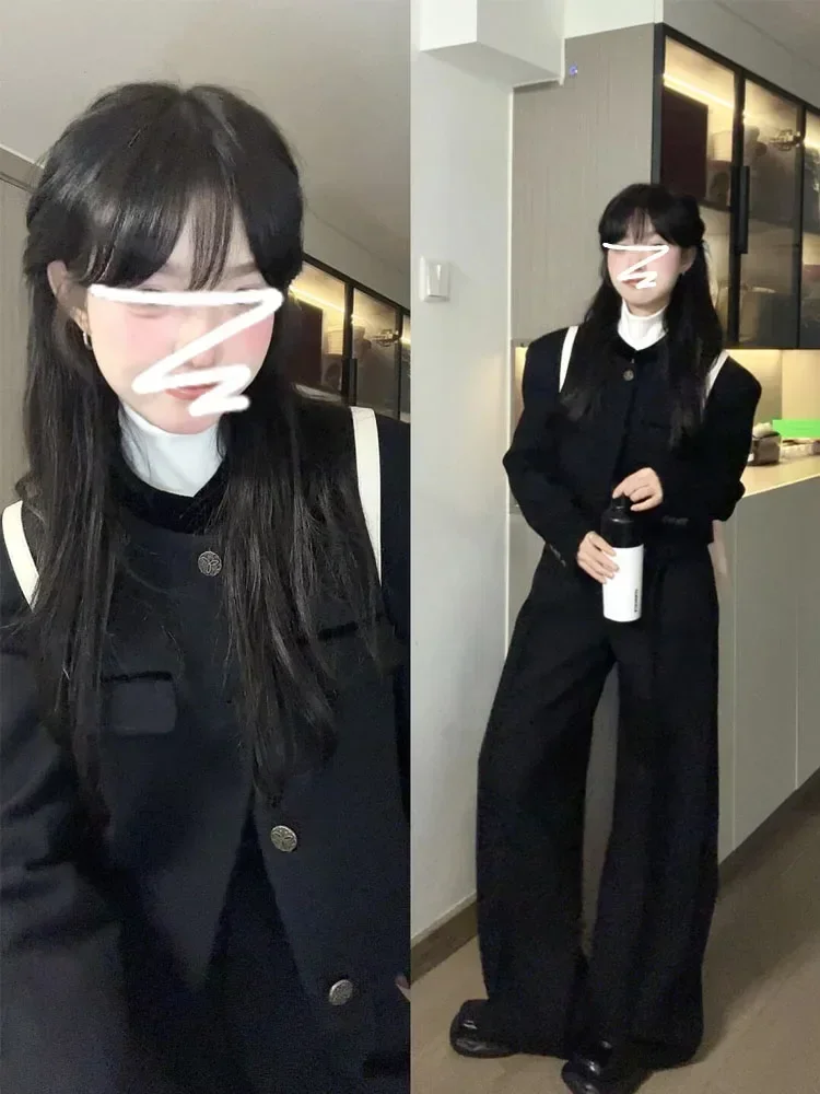 

New Autumn High-end College Style 2024 Korean Fashionable Advanced Two Piece Sets Women Outifits Black Coat +pants