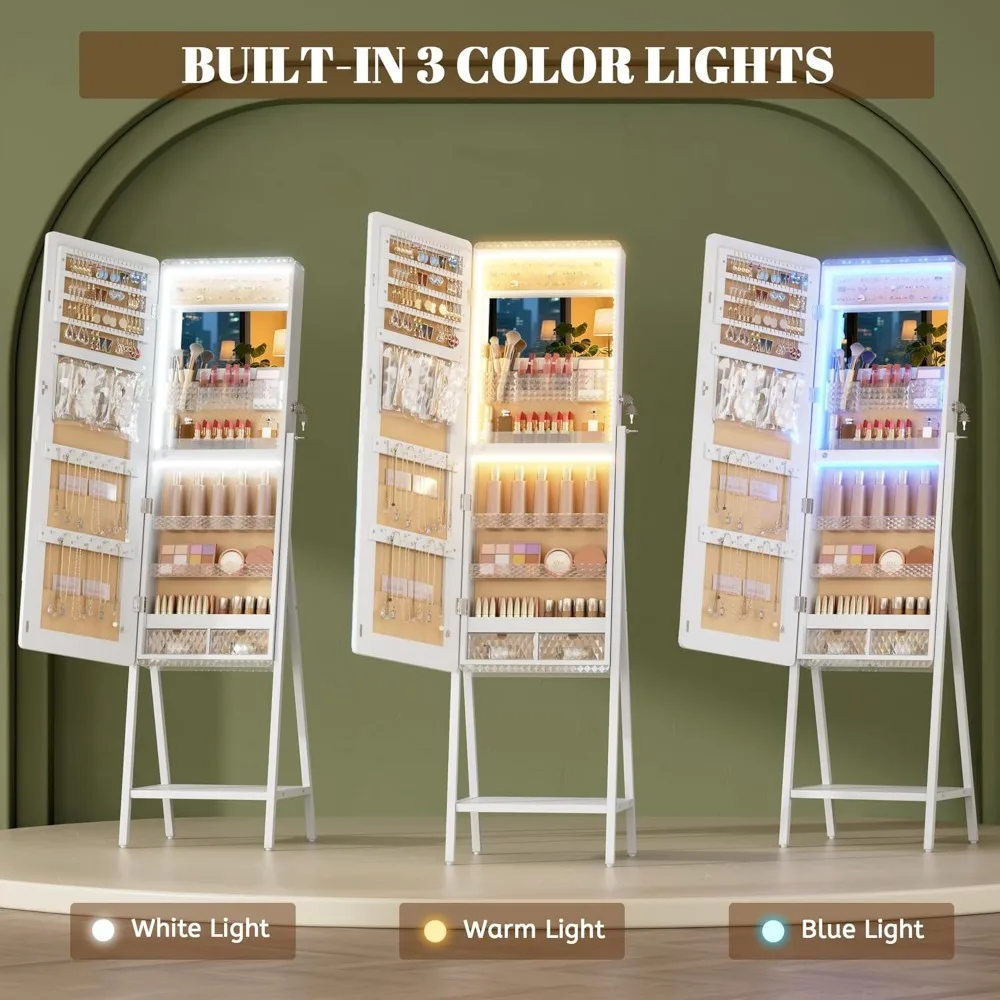 Upright LED Jewelry Mirror Cabinet with Full-Length Reflection and Lockable Storage