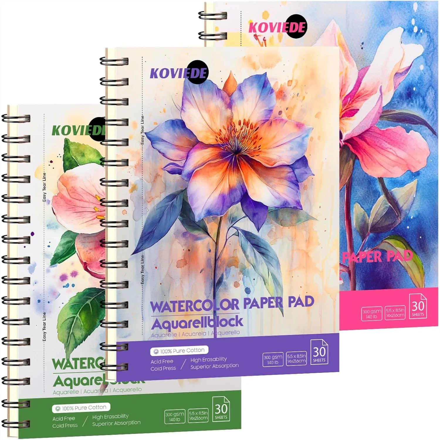 

100% Cotton Watercolor Paper Pad 3 Pack 90 Sheets Cold Press 140lb/300gsm Spiral Bound Sketchbook for Artists, 5.5x8.5 Inch