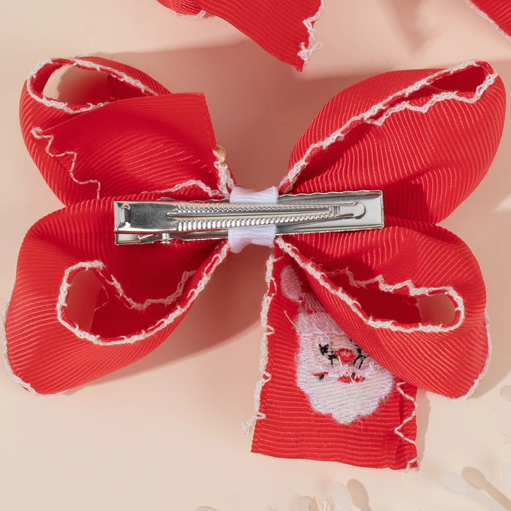 ncmama 2/1PCS Christmas Hair Bow Clips Embroidery Butterfly Bow Hairpins Sweet Girls Ribbon Barrettes Christmas Hair Accessories