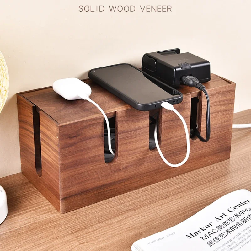 

Black Walnut Wood Plug Board Storage Box Desktop Cable Organizer Shelf Multi-function Top Router Management Storage Rack