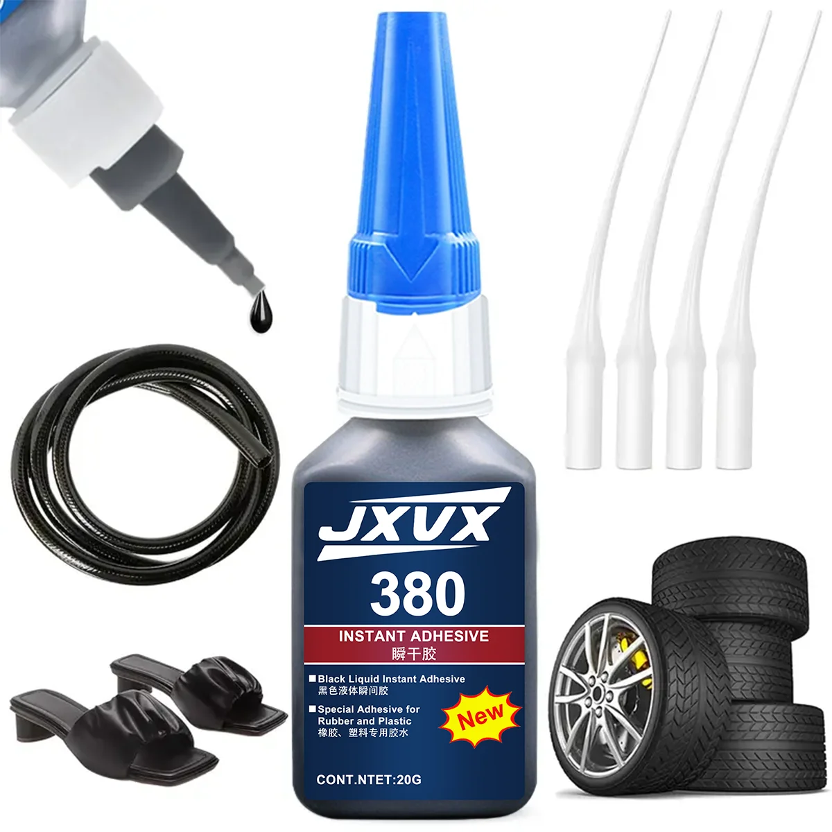 380 Black Super Glue Instant Black 100% pure original Cyanoacrylate Adhesive Leather Rubber Tires, automotive weatherstripping, black rubber grips Strong Bond Liquid Glue Tool 20g.