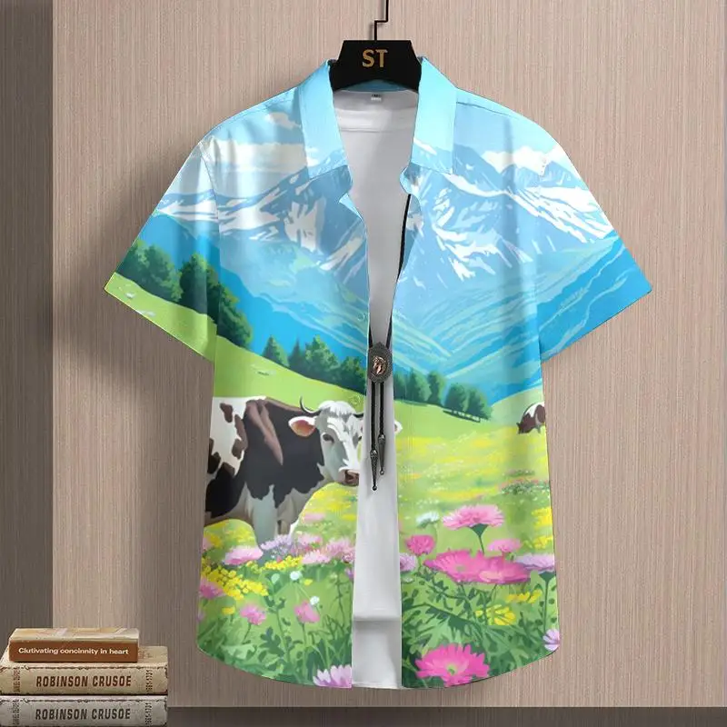 Kawaii Unisex Shirt Anime Cow Pattern Shirts For Men Summer Casual Short Sleeved Tops Oversized T-Shirt Button Up Collar Blouse