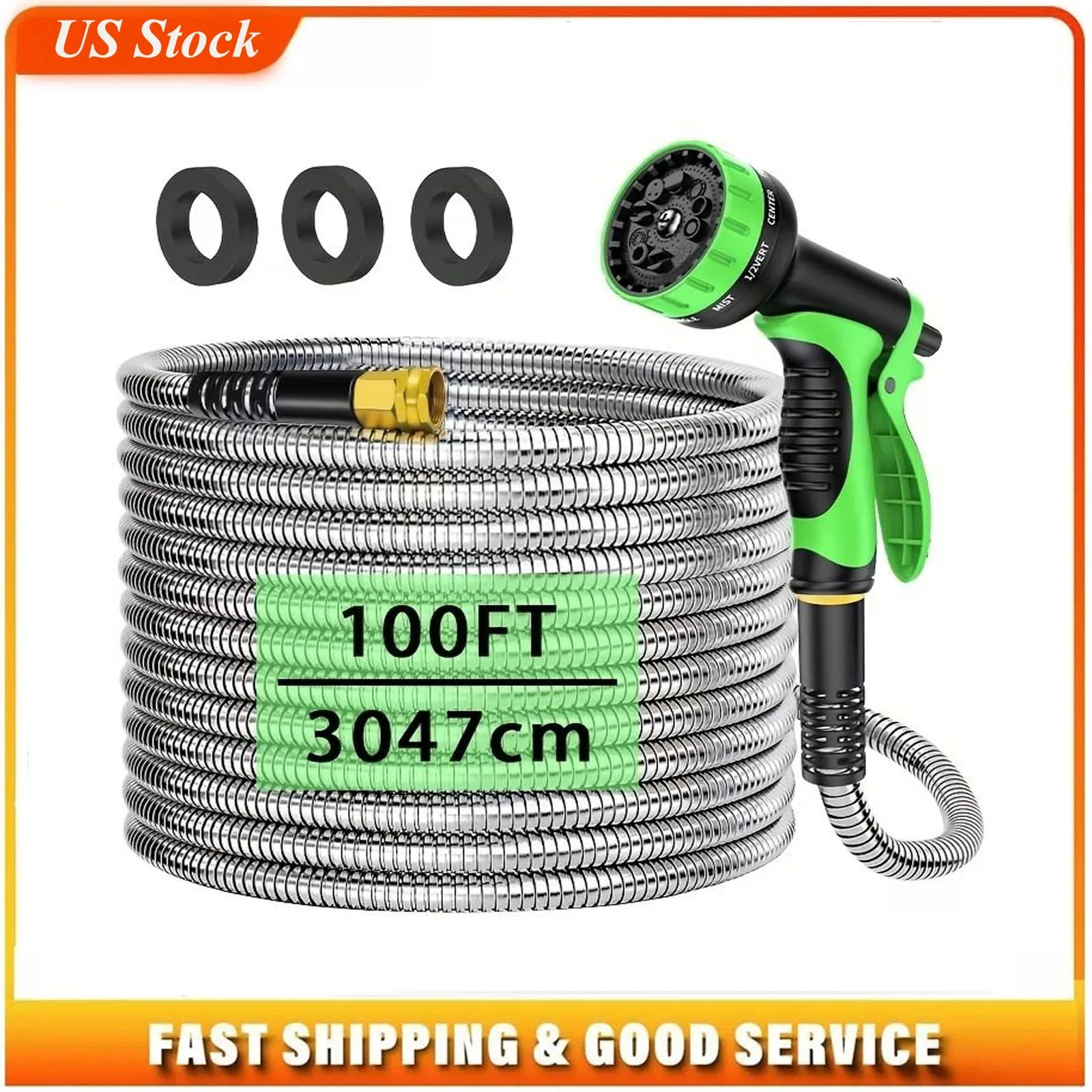 100FT Heavy Duty 304 Stainless Steel Garden Hose with 10-Pattern Spray Nozzle, Flexible Kink-Free Metal Water Hose with Brass Fittings for Lawn, Patio, Car Wash and Pet Bath