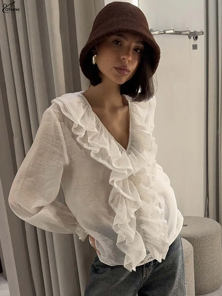 Oymimi Fashion White V-Neck Womens Blouses Elegant Ruffled Long Sleeve Translucent Blouses Autumn New Loose Solid Blouse Female