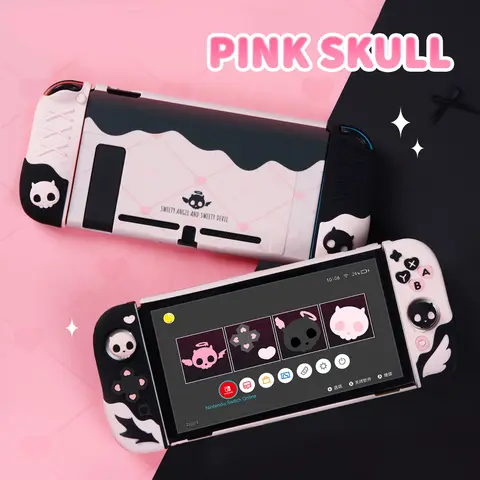 GeekShare 핑크 해골 실리콘 보호 케이스 및 JoyCon 커버(Nintendo Switch/OLED와 호환되는 1쌍 엄지 그립 포함)