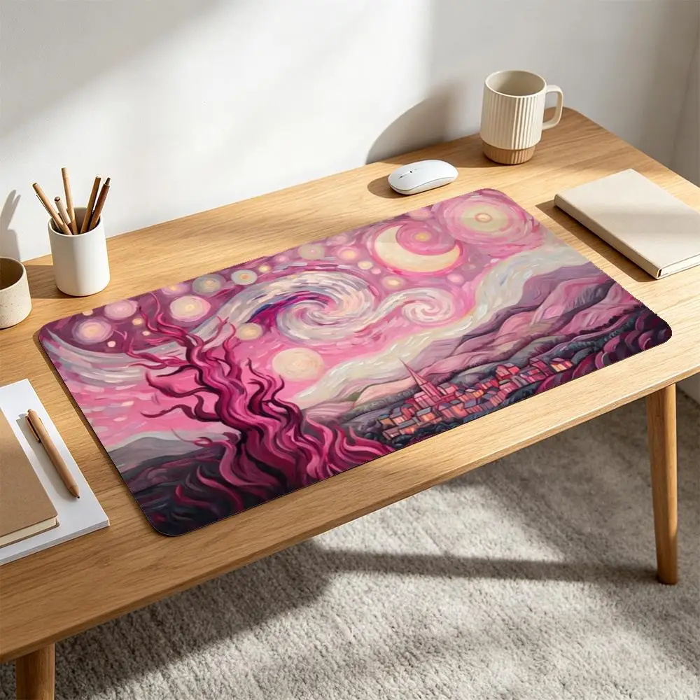 Impressionist Pink Sky Desk Pad Rubber Mousepad Starry Night Inspired Pink Swirl Cloud Crescent Moon Fantasy Town And Twisted