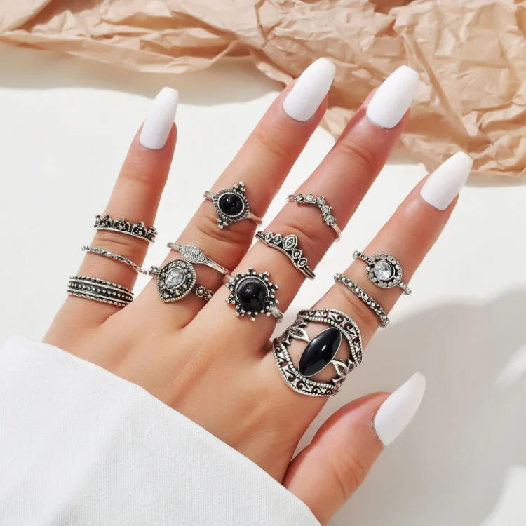 European and American cross-border retro foreign trade ring, ancient silver diamond-encrusted zircon ring 11-piece set, personal