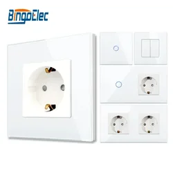 Bingoelec White Light Touch Switch and Wall Socket with Crystal Glass Panel Switches with Sockets for Home Improvement