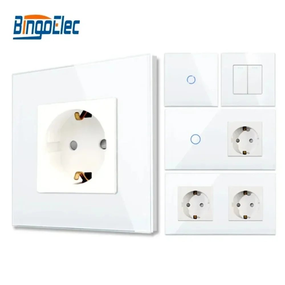 Bingoelec White Light Touch Switch and Wall Socket with Crystal Glass Panel Switches with Sockets for Home Improvement