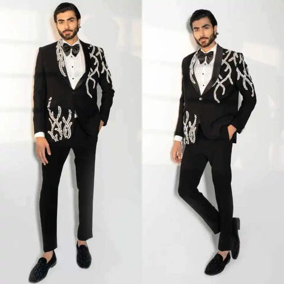 

Modern Men Wedding Tuxedos 2 Pieces Shawl Lapel One Button Peaked Lapel Pant Sets Crystals 2 Pieces Customized Groom Wear