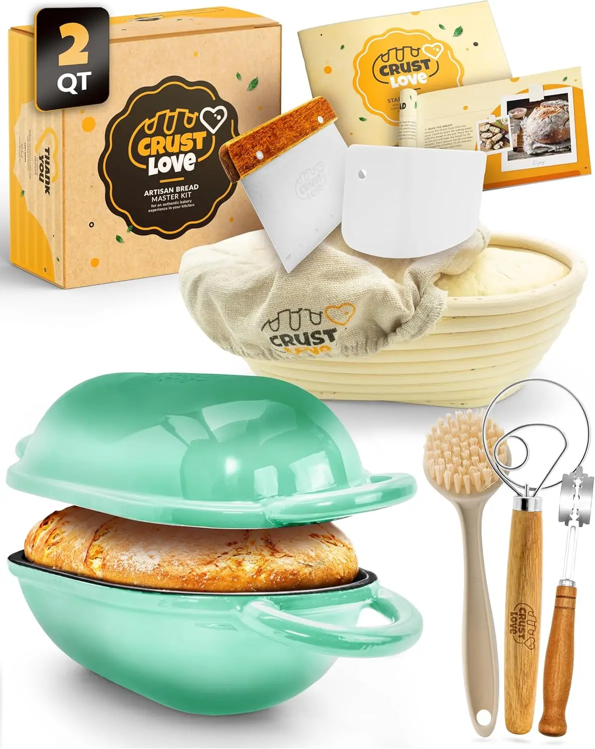 

2QT Oval Cast Iron Dutch Oven with Bread Proofing Basket, Scoring Lame & Dough Whisk for Sourdough Baking