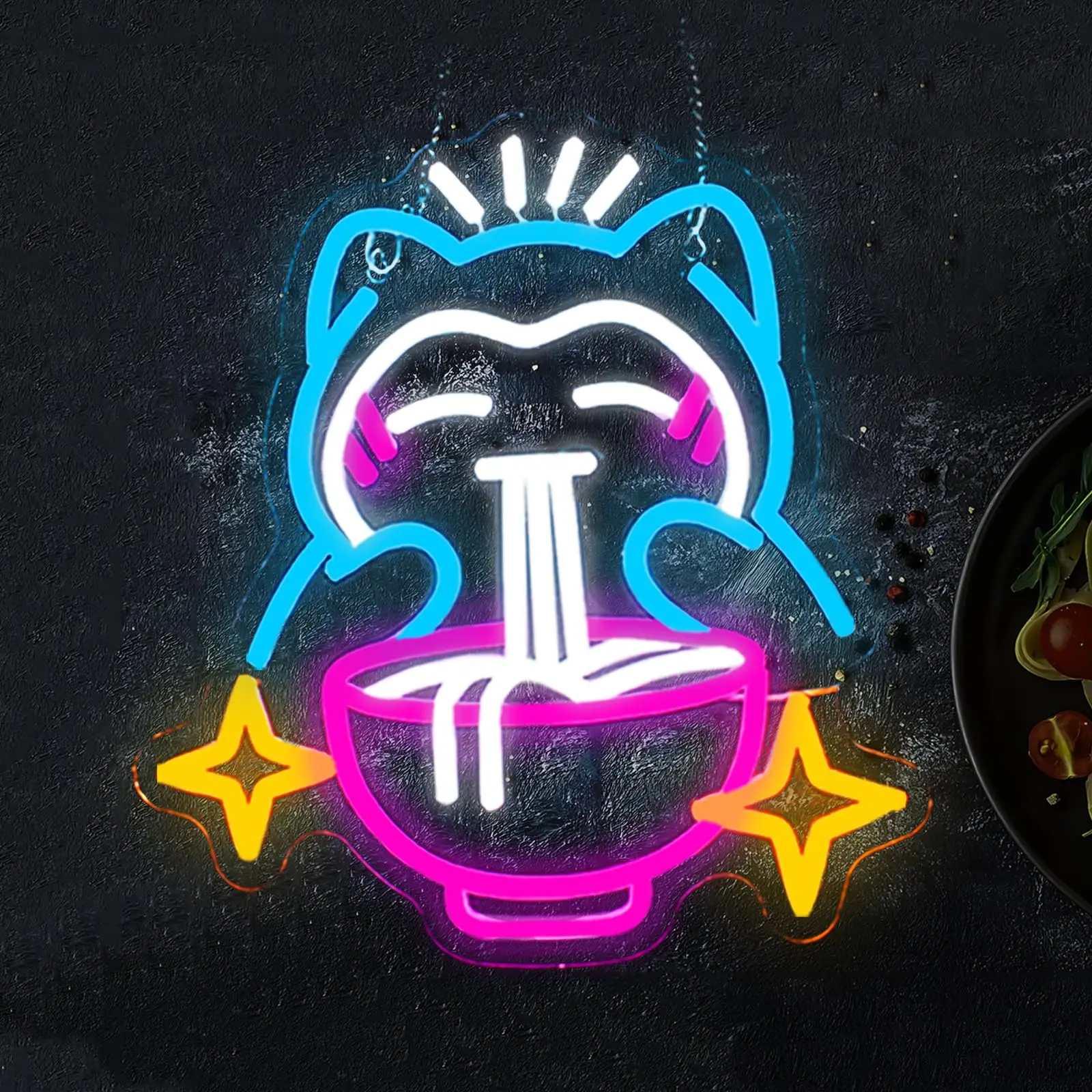 Luz de neón LED Ramen: letrero de neón de fideos de oso lindo, decoración de pared japonesa regulable para sala de juegos, restaurantes, bares, dormitorio de niños