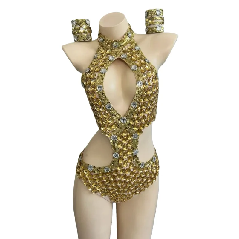 Bar Nightclub Women Sexy Dance Costume Party Gold Rhinestones Sequins Cut Out Bodysuit DJ Dancer Singer Performance Stage Wear