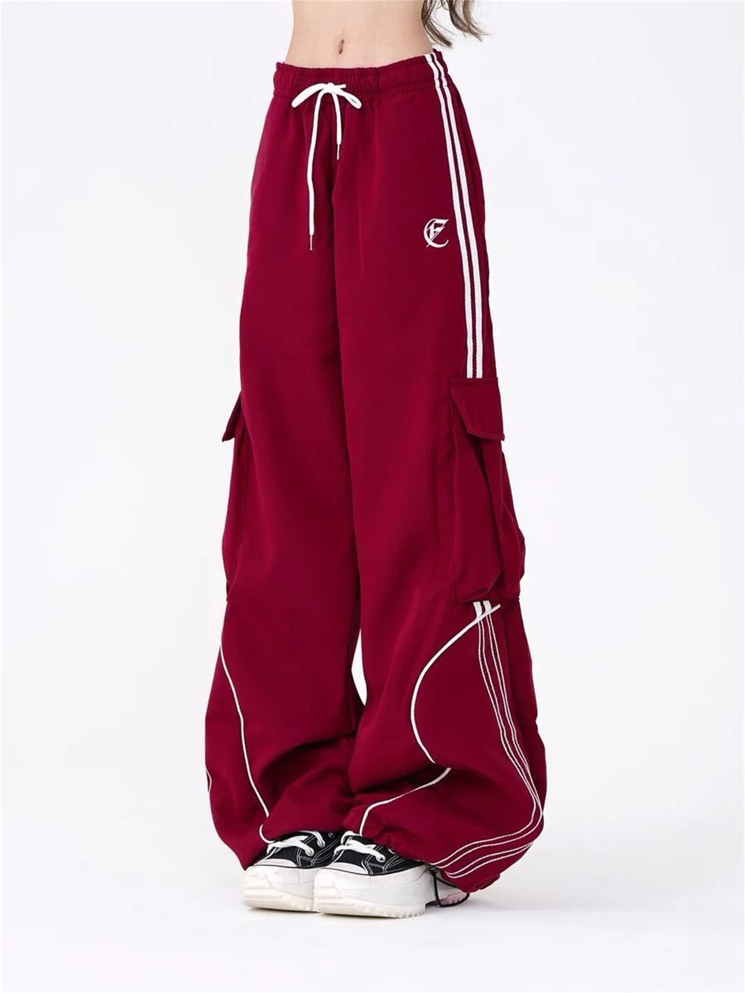 Y2K Women's Wide Leg Cargo Pants 2025 New Fashion Drawstring Waist Side Stripes Multiple Pockets Casual Streetwear Trousers