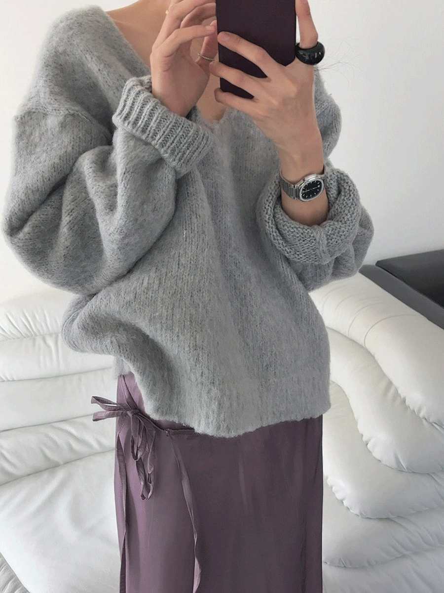 

Soft ey V-Ne Sweater And Purple ter Skirt Set PREON Commute Sle Warmth Heating ort Length round Ne Long Sve