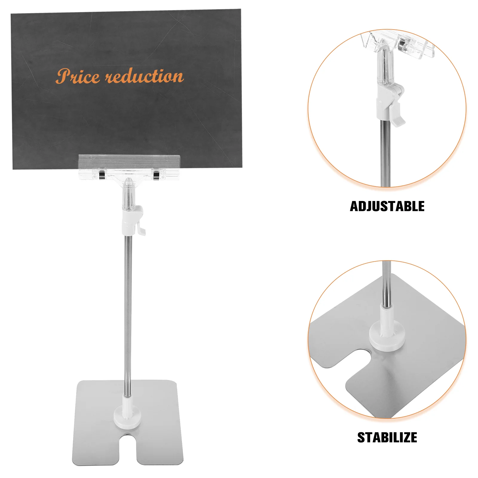 Aço inoxidável Poster Stand, Clip Holder para Desktop, Tabletop Display, Floor Standing Sign, ajustável