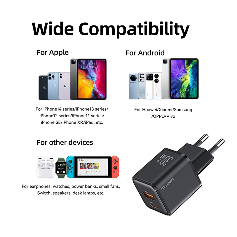 USAMS Dual USB Fast Charger 30W Type C PD Quick Charge 3.0 Phone Charger for iPhone 15 14 13 12 11 Pro Max Xiaomi Samsung Tablet