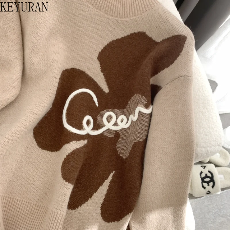 Floral jacquard Sweaters Women Jumper 2024 Autumn Korean Fashion O-neck Long Sleeve Knitted Pullovers Vintage Tops Sueter Mujer