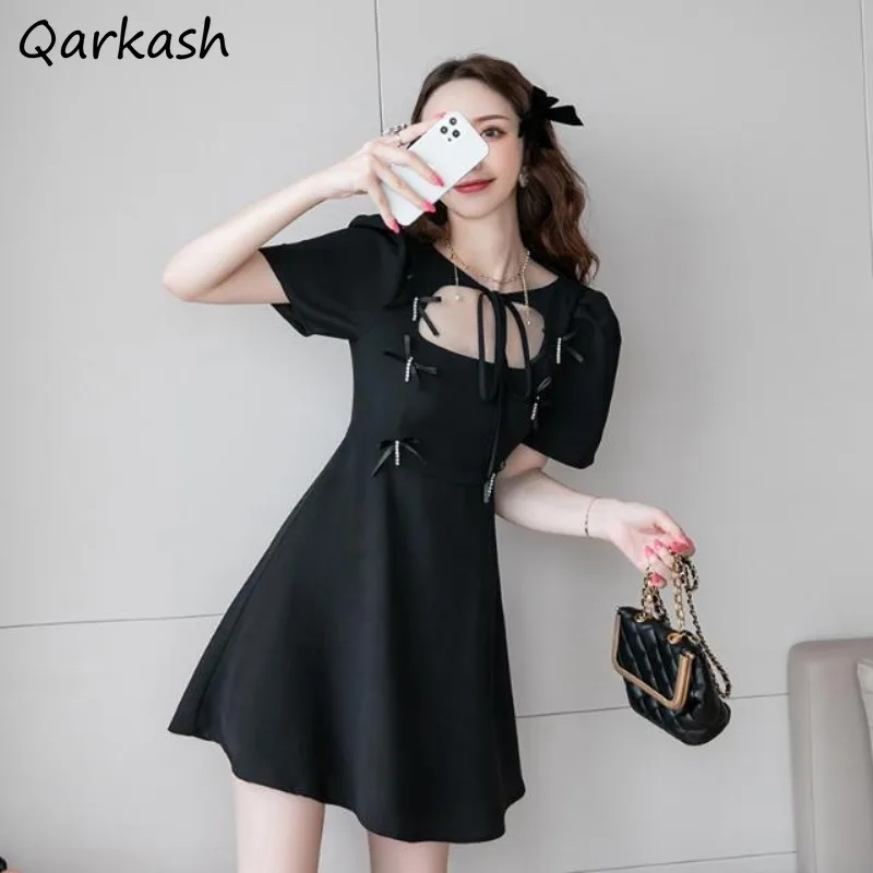 Mini Dress Women Lace Up Bow Defined Waist A-line Summer New Puff Sleeve Korean-style Design Gentle Elegant Sweet Girls Chic