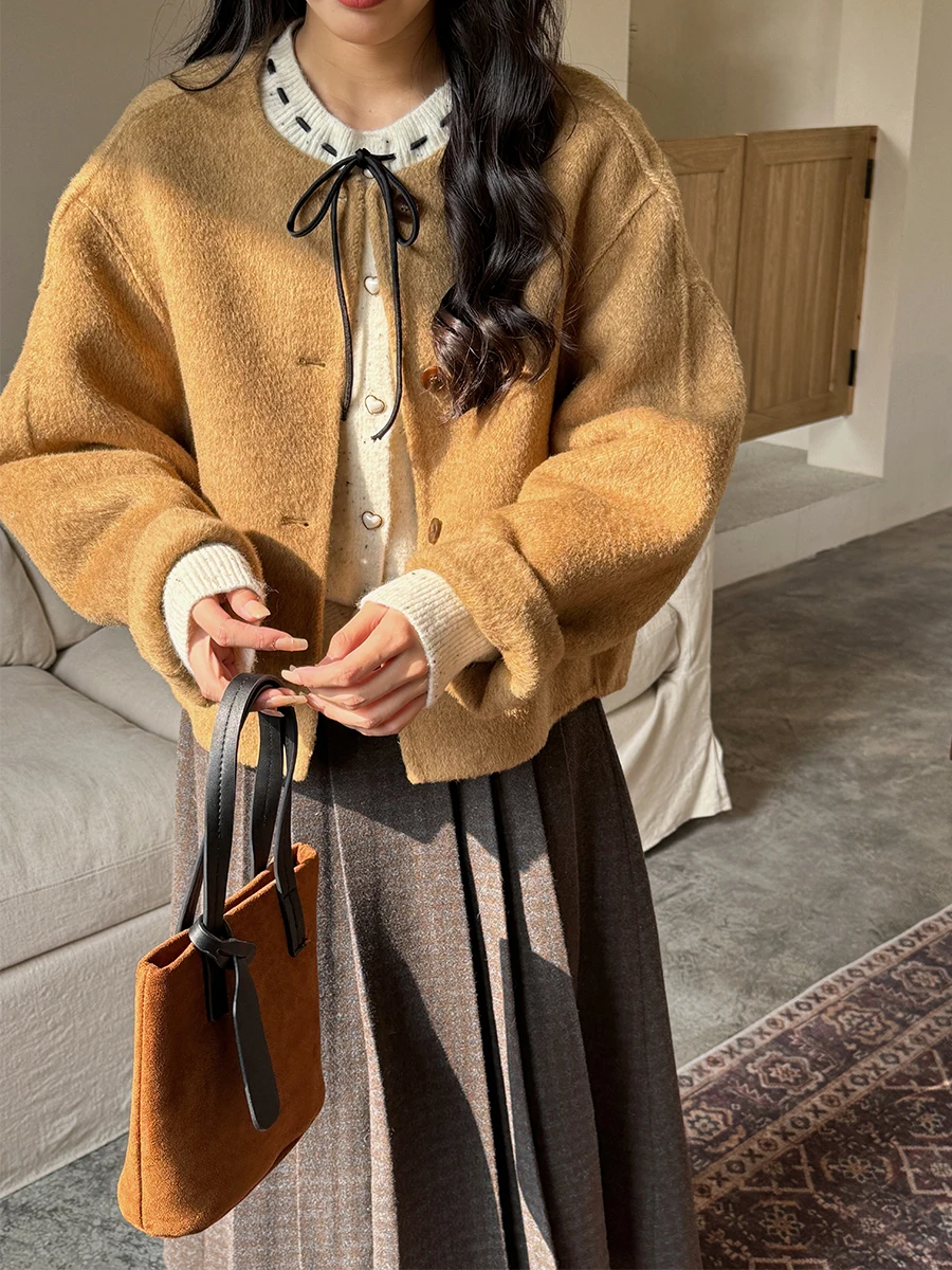 

Двустороннее шерстяное пальто Uniko в корейском стиле для женщин, модное осенне-зимнее твидовое пальто малого размера с пуговицами, прямого кроя