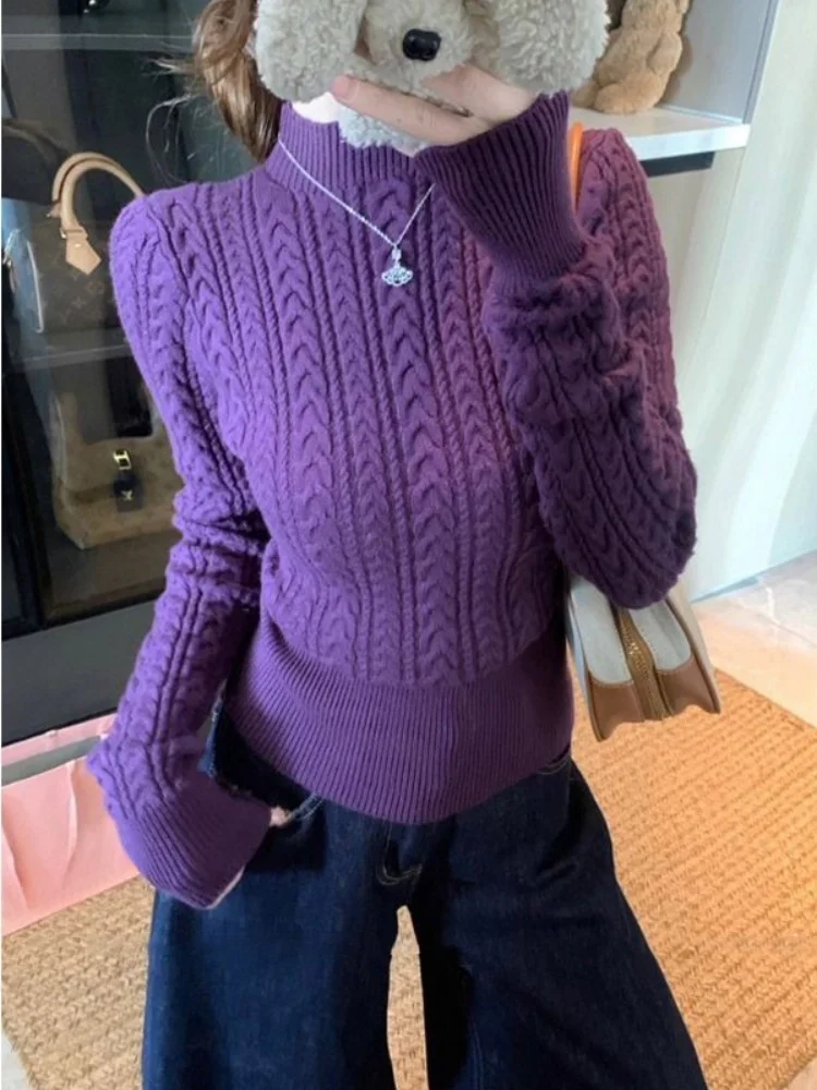 

Корейский облегающий вязаный свитер с длинным рукавом для женщин, весна 2026, новинка, однотонный, с воротником-стойкой, базовый слой