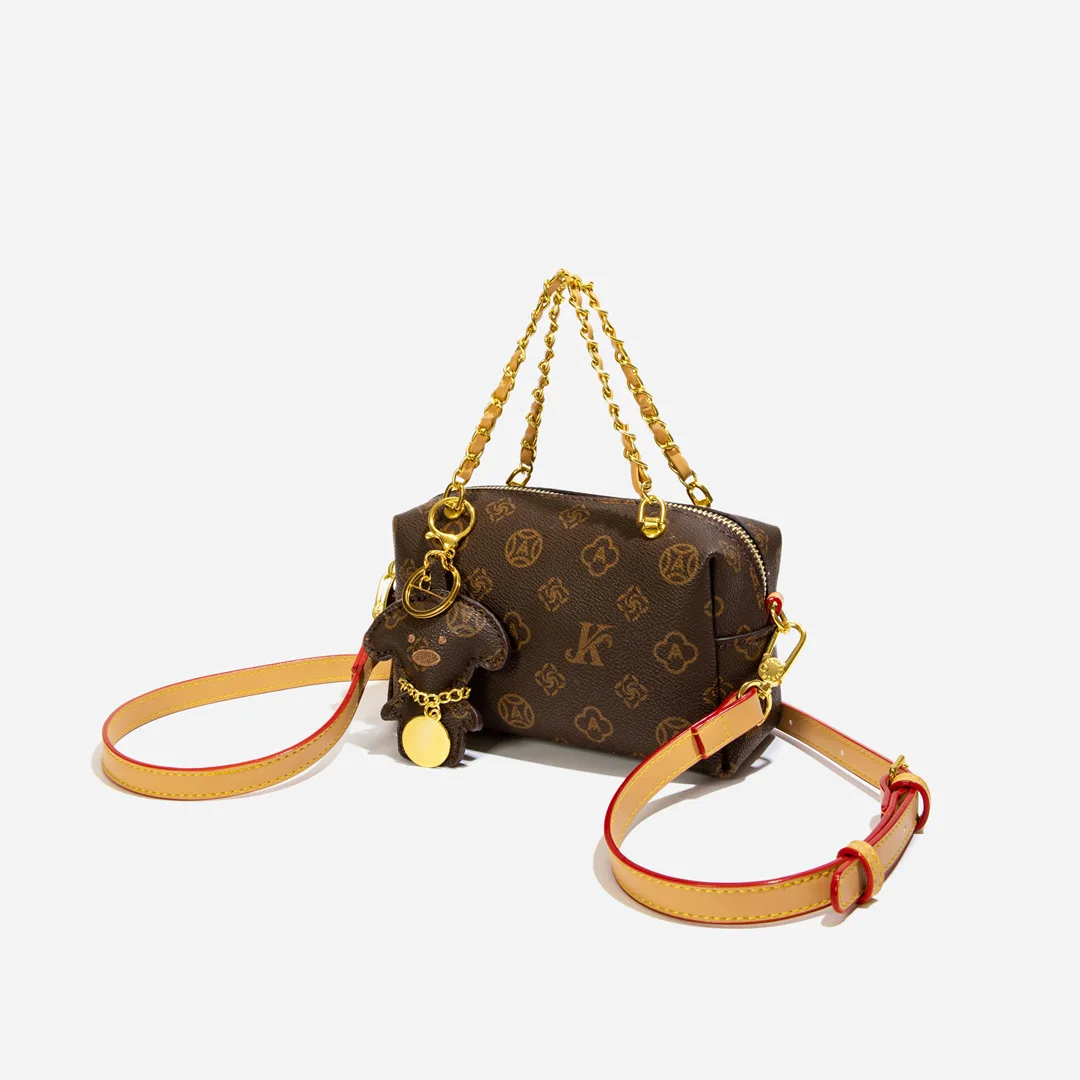 Vintage Women Handbag 2026 New Monogram Crossbody Bag High Quality Mini Boston Chain Shoulder Purse with Dog Pendant