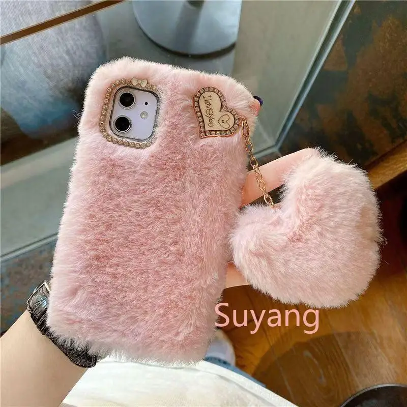 Luxury Diamond Hairy Heart Pendant Phone Case For Xiaomi Redmi Note 14 13 ProPlus 12 11 10 14S 12S 11S 10S 15C 14C 13C 12C Shell