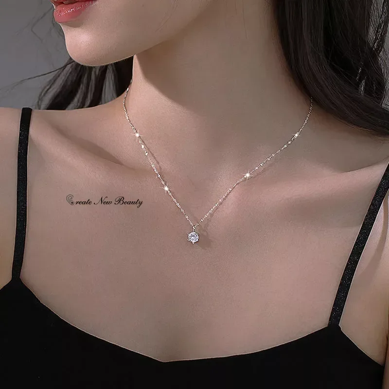 Temperament Shining Zircon Trendy Sterling Silver Choker Necklace Simple Chain Elegant Wedding Pendant for Women Jewelry Gift