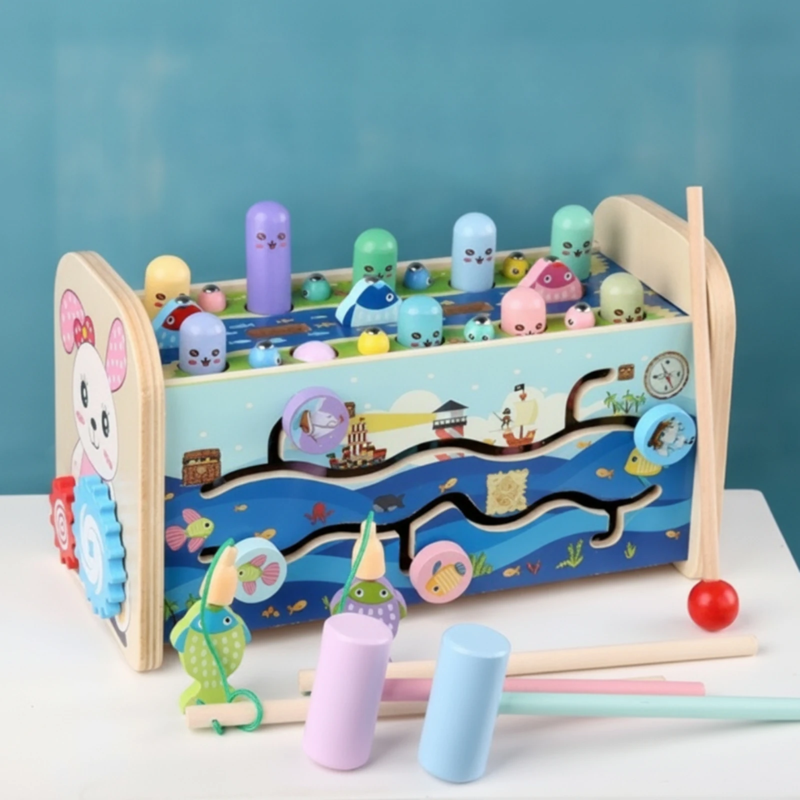 Whack-Apeg Toy Multifunctional Pounding Bench with Mallets Wooden Activity Cube Toddler Educational for Toddlers, Playroom