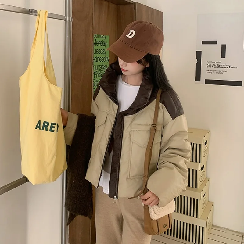 Sweet Patchwork Cropped Jacket Winter Warm Puffer Jacket Women Stand-up Collar Thick Windproof Loose High Waist Coat Streetwear