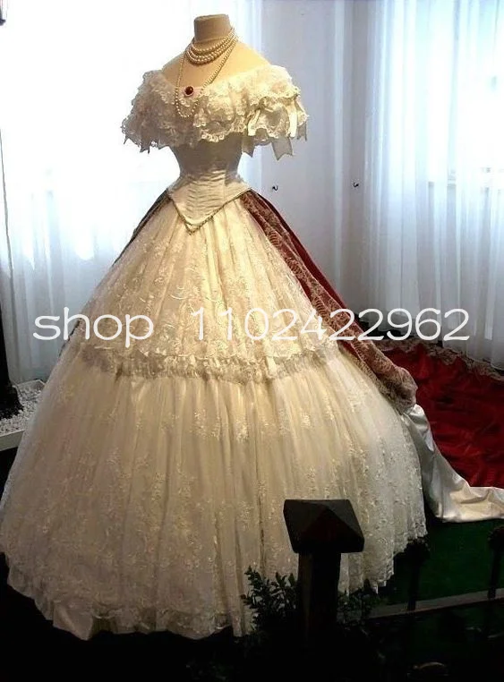 Customized History Fashion Victorian Lolita Prom Dresses White Red Lace Embroidery Bustle Corset Civil War Princess Evening Gown