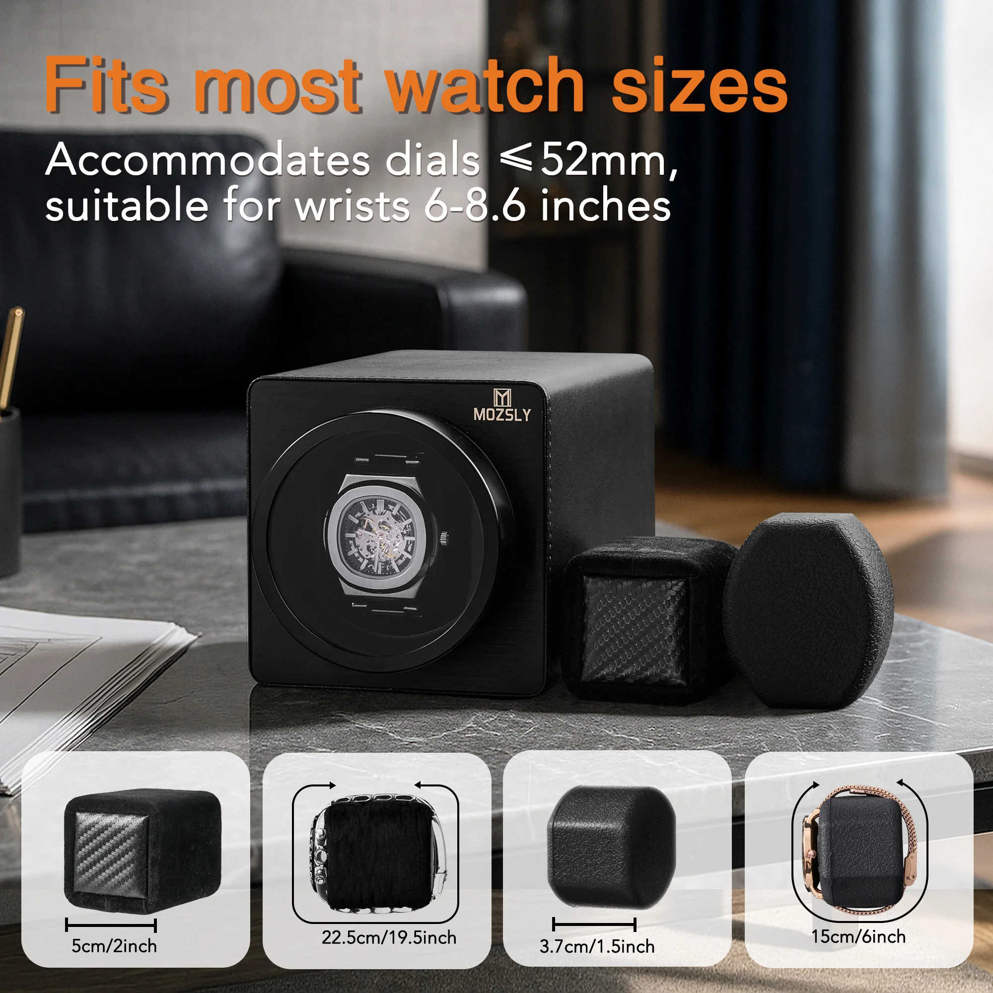 Mozsly Premium Single Watch Winder, 20 dB Silent Japanese Motor, PU/Metal, 12 TPD Stackable, for Display Case, Fits Rolex Omega