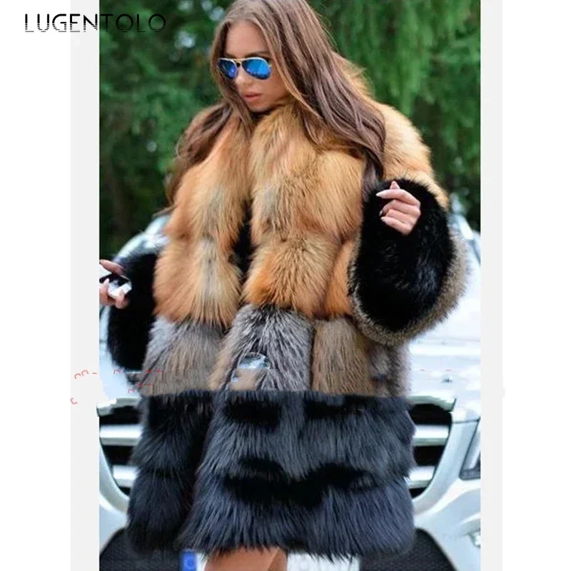 Women Long Faux Fur Coat Winter Fashion Large Size Thick Warm Fur Jacket Yellow and Black Contrast Stitching Fur Cardigan Cloth