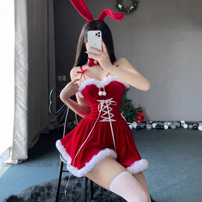 Sexy süße Weihnachtsstil Kostüme Anime Cosplay Kaninchen Mädchen Plüsch rotes Kleid Kawaii Hase Ohr Sling Rock Damen Paare Set