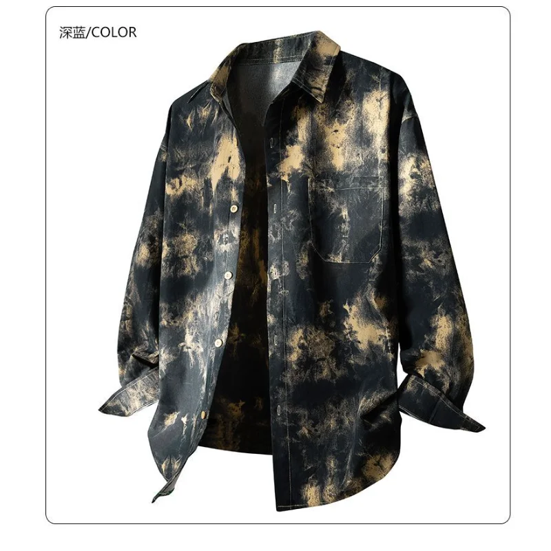Men Tie Dye Long Sleeve Shirt Lapel Loose Retro Casual Shirt Jacket For Spring Autumn Streetwear