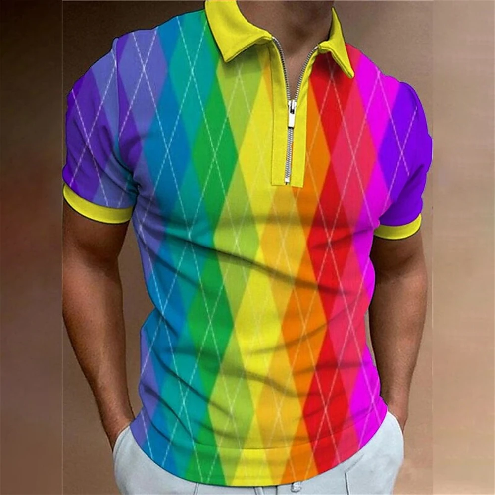 Rainbow Polo Shirt For Men Colorful Print Golf Top Tee Fashion Casual High Quality Men Clothing Loose Oversized Zip Polo T-Shirt