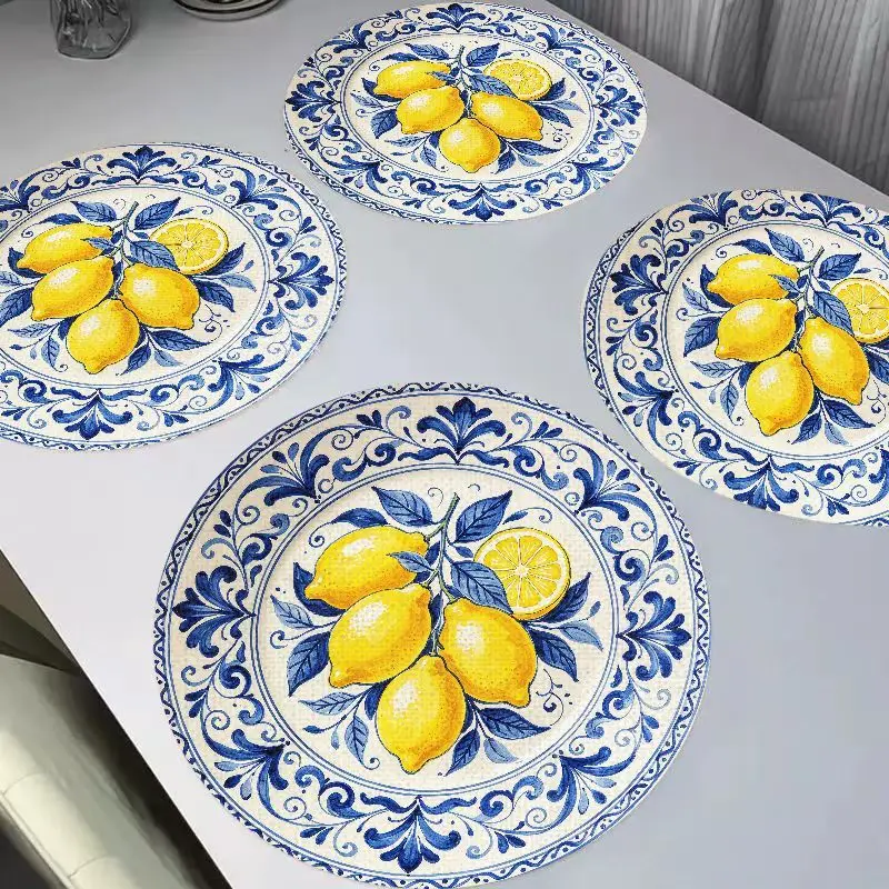 Mediterranean Blue Lemon Floral Vintage Tile Round Placemats Heat Resistant Washable Non Slip Coastal Outdoor Dining Decor