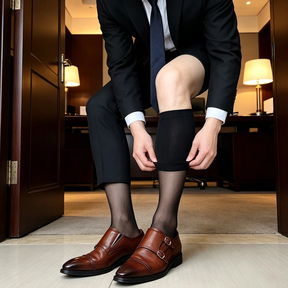 Men's Sheer Over Calf Socks Black Knee High Formal Business Breathable Thin Stockings Wide Elastic Band for Suit