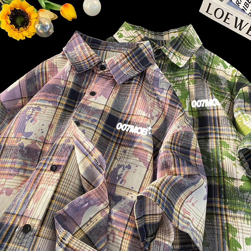 Men's Trendy Lazy Plaid Printed Shirt Japanese Vintage Youthful Check Shirt Button Down Half Sleeved Shirts Letter Printed Tops