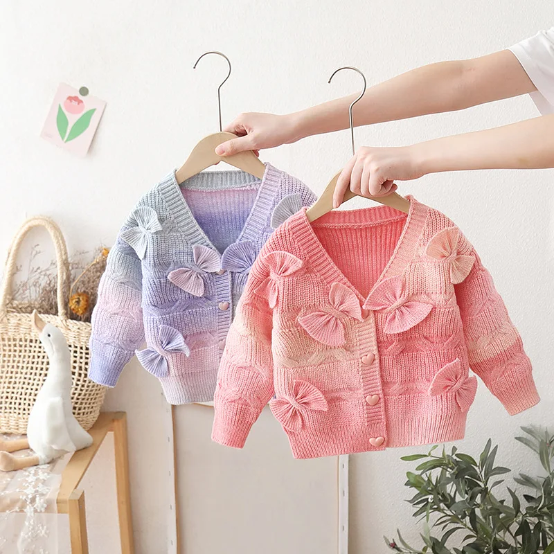 2026 Bowtie Fashion Girl Gradient Color Pullover Sweater Autumn and Winter Long-sleeved Student Eveyyday Girl's Clothing JY01031