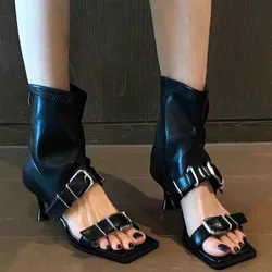 Women's Fashion Boots Summer New Square Head Shallow Mouth Belt Buckle Mid-calf Elastic Boots