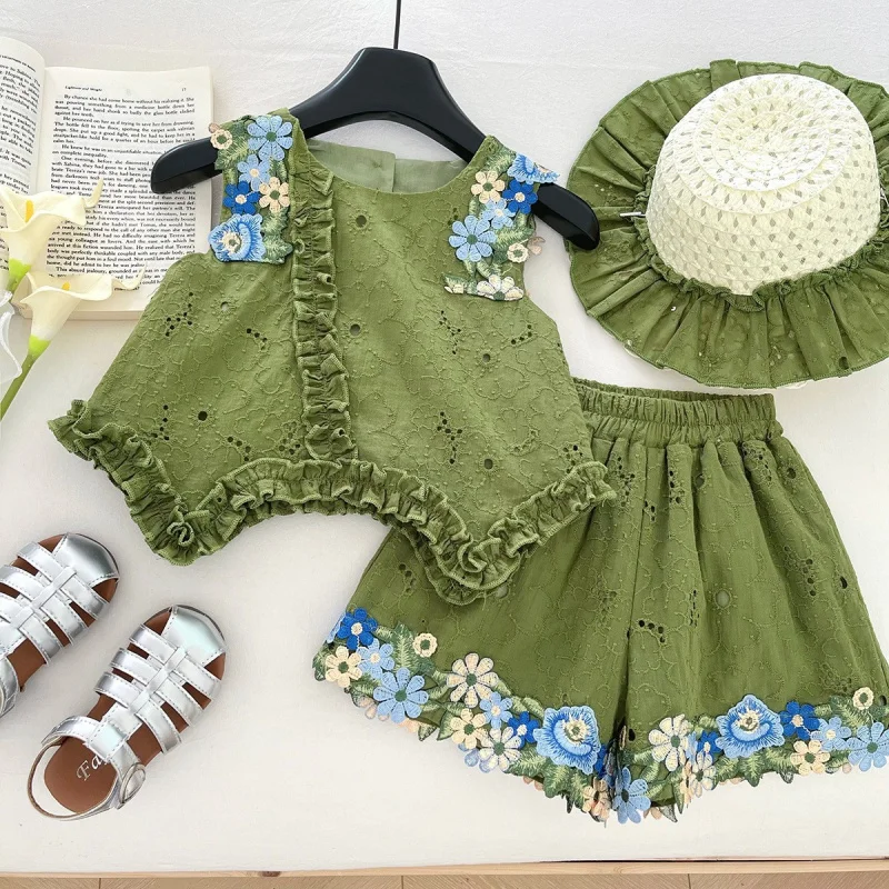 

2026New Summer Clothes for Girls: Floral Backless Top, Bowknot Sleeveless Vest, Lace Shorts Children's Set