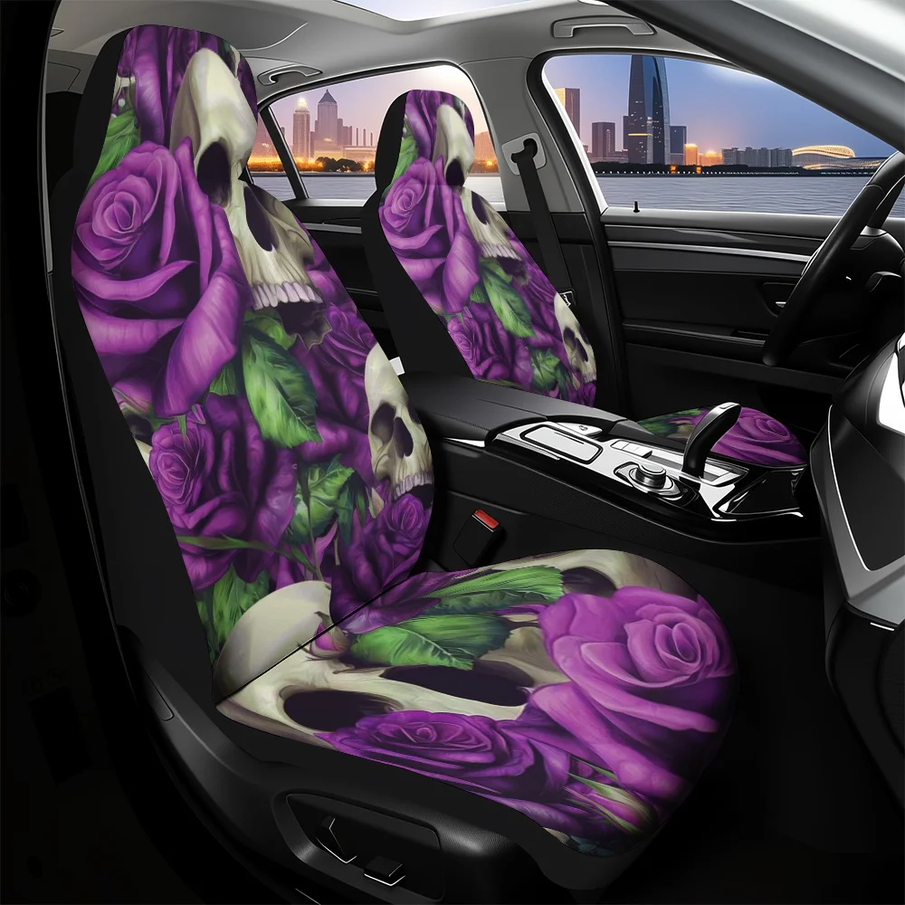 2pcs, Trendy Purple Rose Skulls Pattern Car Seat Covers, Designed For Driver And Passenger Front Seats, Fresh Look For Car Inter