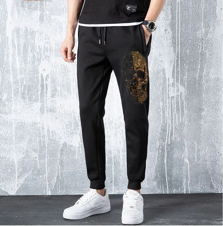 Men's Rhinestones Skull Anime Graphic Slim Fit Streetwear Pants High Quality Fashion Trousers