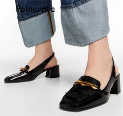 Square Toe Sandals Solid Chunky Heel Patent Leather One Word Belt Chain Decoration Women's Shoes Summer Back Strap Elegant Shoes