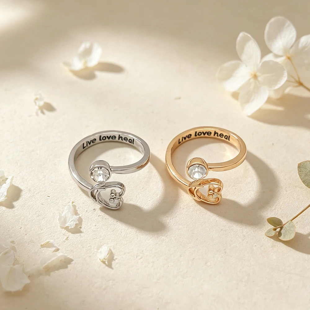 Hollow Heart-Shaped Diamond-Encrusted Open Ring Set of Two, with 