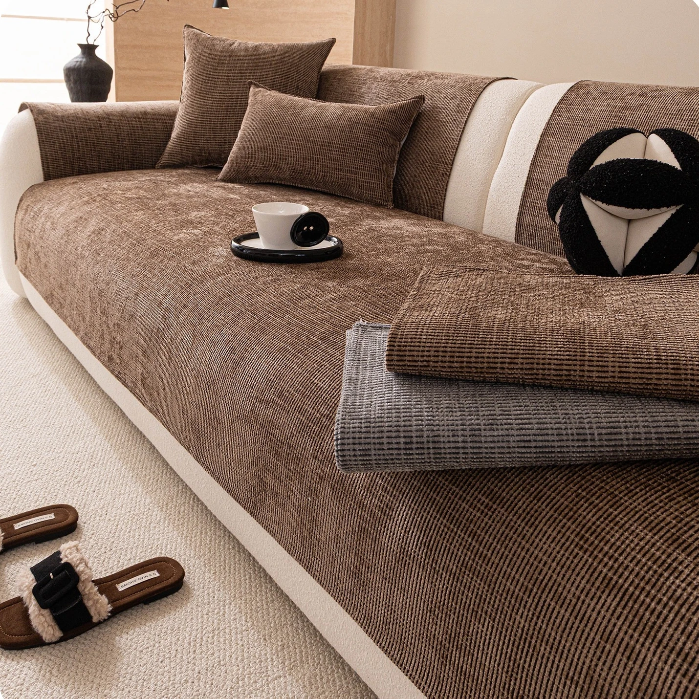 Textured Yarn-Dyed Thick Chenille Sofa Cover, Anti-Slip All Seasons for Living Room 1/2/3/4 Seater Couch Seat Cover Sofa Towel